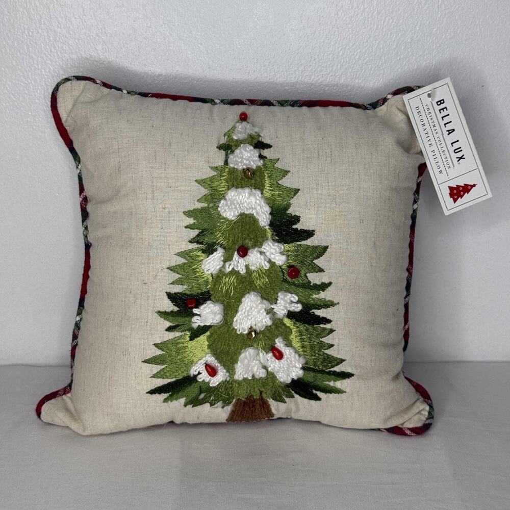 Bella Lux Christmas Tree Decorative Pillow 12x12 Plaid Embroidered Holiday